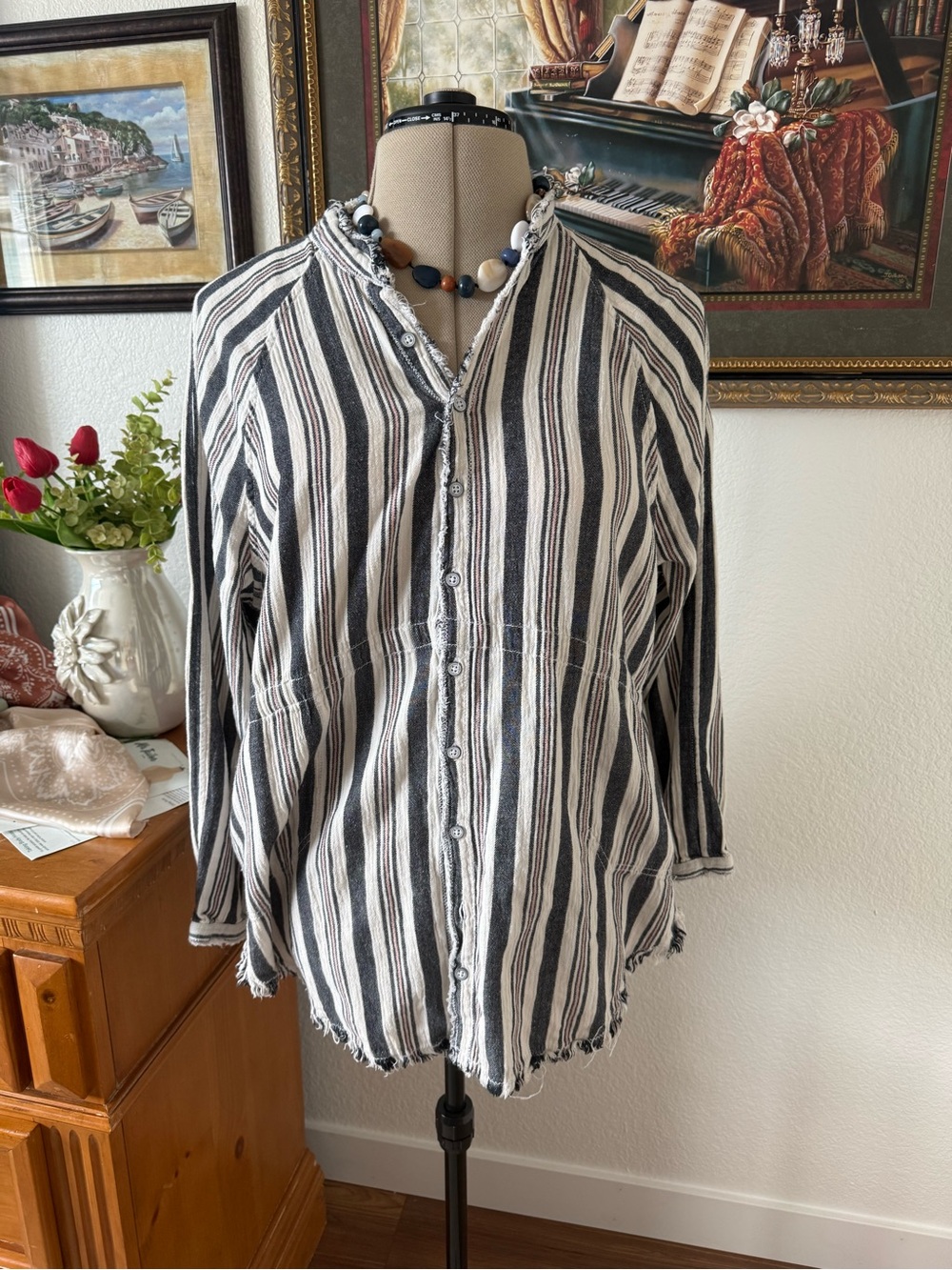 We The Free Black and White Striped Button-Down Shirt